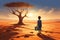 A boy with a bucket stands by a lonely tree in the desert. Drought and climate change. generative AI