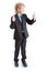 Boy in a business suit waving at the camera cell phone, isolated white background