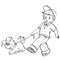 Boy in a cap leads his dog on a leash, walk, coloring, isolated object on a white background, vector illustration