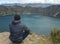 Boy, cap, Quilotoa crater, lagoon, emerald