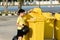 Boy carry garbage in bag for eliminate to the bin