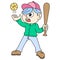 Boy carrying bat and ball to play baseball, doodle kawaii. doodle icon image