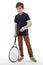 Boy with cast on left arm and tennis racket