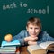 A boy of Caucasian appearance on the background of the school board. Next to him are a stack of notebooks and textbooks. Looking