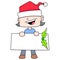 Boy celebrating christmas carrying a blank text banner template, doodle icon image kawaii