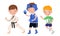 Boy Character in Athletic Uniform Doing Karate and Boxing Vector Illustration Set