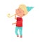 Boy Character in Birthday Hat Blowing a Whistle Vector Illustration