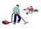 Boy Character Doing Domestic Work, Cleaning Floor Baby Sitting on Carpet. Child Helper Vacuuming Home