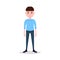 Boy character serious male blue suit template for design work and animation on white background full length flat person