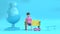 Boy character sitting on chair with pink skateboard of blue scene 3d rendering,street skateboarder concept