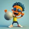 a boy character in sunglasses and a yellow shirt holding up a ball in his hand