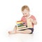 Boy child with abacus clock counting, smart little kid study les