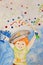 Boy child drawing happiness holiday joy party poppers crayons, gouache