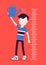 Boy at child height growth chart with a watering can