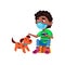 Boy Child Wear Facial Mask Playing With Dog Vector