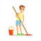 Boy Cleaning Floor With The Mop Smiling Cartoon Kid Character Helping With Housekeeping And Doing House Cleanup