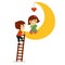 Boy climbing on the moon where sitting girl with heart, valentine day