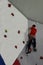 Boy on the climbing wall. The child holds on to the hooks with his hands