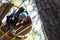 Boy climbing through wooden pipe