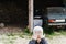 Boy closed his eyes with his hands against the background of a rustic canopy