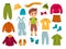 Boy clothes. Young modern child with apparel around, different seasons casual wear, character with jeans, shirts