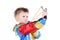 Boy in clown costume holds slingshot and aims up