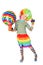 Boy in clown dress with multicolored balloon