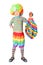 Boy in clown dress with multicolored baloon