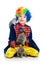 Boy clown training cats kittens over the white background