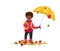 Boy collects leaves. A boy under an umbrella. Back to school.