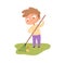 Boy collects leaves. Courtyard care in autumn time. Cute cartoon toddler with garden tool cleans lawn vector