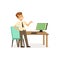 Boy in computer class, pupil of elementary school at informatics lesson at school vector Illustration on a white