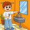 Boy Conserving Water Colored Cartoon Illustration