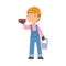 Boy Construction Worker with Bucket and Brick, Cute Little Builder Character Wearing Blue Overalls and Hard Hat with