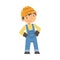 Boy Construction Worker, Cute Little Builder Character Wearing Blue Overalls and Hard Hat Cartoon Style Vector