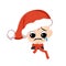 Boy with crying and tears emotion, sad face, depressive eyes in red Santa hat