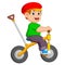 The boy is cycling on the yellow bicycle with the holder