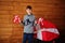 Boy with Denmark flags. Travel to Scandinavian countries. Happiest danish people`s