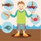 boy with different fish icons. Vector illustration decorative design