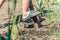 A boy is digging the ground with a shovel for processing agricultural crops in the countryside