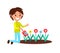 Boy Digging with Little Shovel Flower Bed Vector