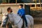 Boy with disabilities having an equine therapy session with a physiotherapist outdoors.