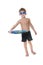 Boy with diving goggles and board over white