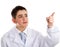 Boy doctor pointing with forefinger to his left side