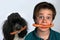 Boy and dog eating sausages