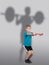 Boy doing squat exercises with weightlifter\'s silhouette behind him