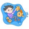 Boy dream with a lot of fish in the ocean, doodle icon image kawaii