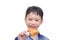 Boy eating fried chicken over white