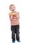 Boy eating large sandwich on white background