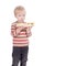 Boy eating large sandwich on white background